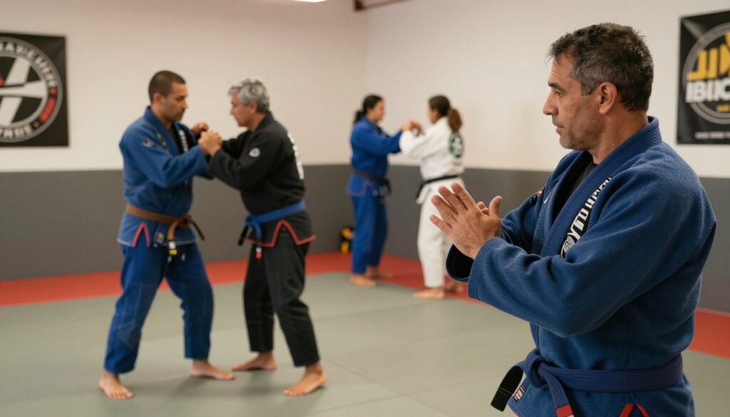 BJJ Training für Erwachsene über 40: Techniktraining mit Trainer und individuelle Korrekturen im Brazilian Jiu-Jitsu Unterricht. BJJ Training für Erwachsene über 40: Techniktraining mit Trainer und individuelle Korrekturen im Brazilian Jiu-Jitsu Unterricht.