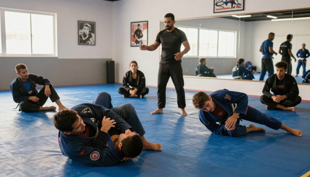 Brazilian Jiu-Jitsu Training im Dojo – Anfänger über 40 lernen Technik, Ablauf und sicheres Sparring. Brazilian Jiu-Jitsu Training im Dojo – Anfänger über 40 lernen Technik, Ablauf und sicheres Sparring.